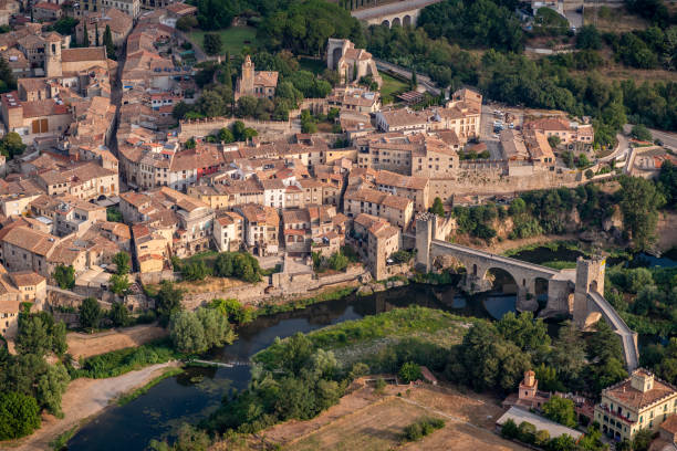aerial view of besalu, la garrotxa, gerona province, catalonia, spain - spain gerona architecture building exterior imagens e fotografias de stock