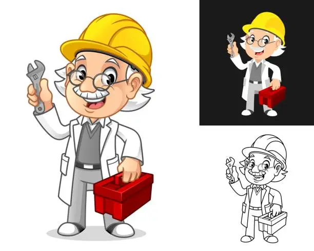 Vector illustration of Professor Mechanic with Glasses and Hard Hat Holding Wrench and Toolbox