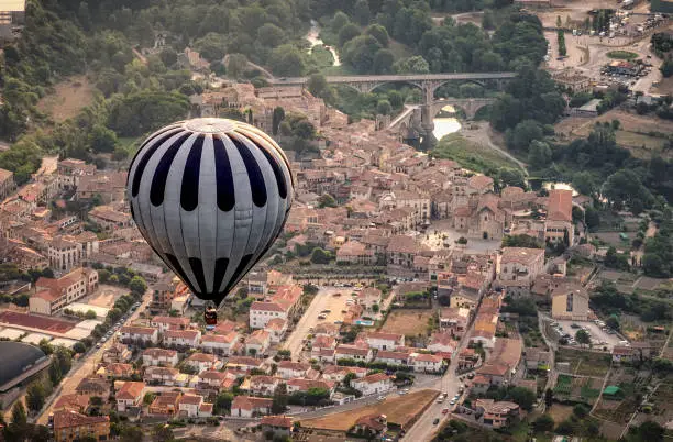 air balloon over besalu village, Gerona province, Catalonia, Spain