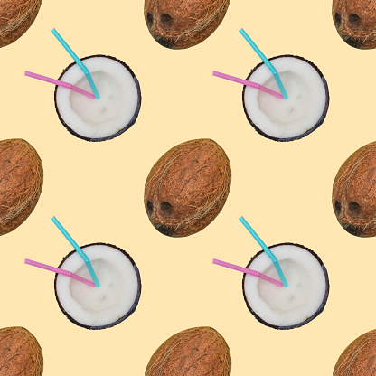 Seamless pattern of coconuts with cocktail or milk