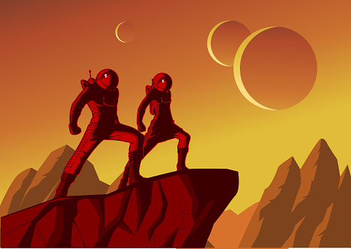 A retro style illustration of a couple of astronauts standing on a cliff in a distant planet with outer space in the background.