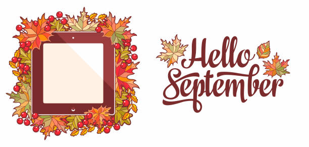 ilustrações de stock, clip art, desenhos animados e ícones de hello september lettering phrase text. autumn leaves frame with rowan, maple, birch and oak. autumn quote. fall leaf design. foliage forest leaf vector. red, green, brown and yellow falling autumn leaves - oak leaf leaf oak tree spring