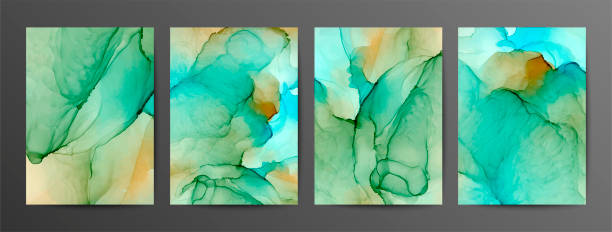 istock Green, turquoise and yellow ink vector textures backgrounds set. Paint mixing, fluid art. 1169737302