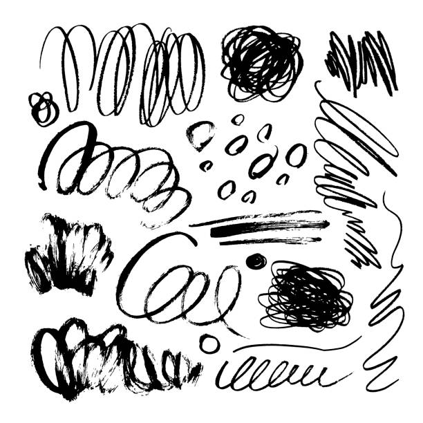 검은 브러시 스트로크, 라인, 그런지 곱슬 요소의 큰 컬렉션입니다. 벡터 잉크 그림입니다. - 짧고 불규칙한 곡선 일러스트 stock illustrations