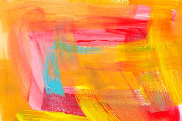 jasne kolorowe tło akwareli. ręcznie rysowane różowe, pomarańczowe, miętowe i żółte pociągnięcia pędzlem. - vibrant color red abstract acrylic painting stock illustrations