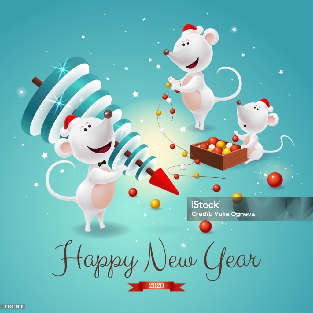 Vetores de Bandeira Com Os Símbolos Do Ano Novo 2020família Dos Ratos Ou  Dos Mouses Brancos No Calendário Na Árvore De Natal E Na Decoração Chineses  No Fundo Azul Cartão Ou Felicação