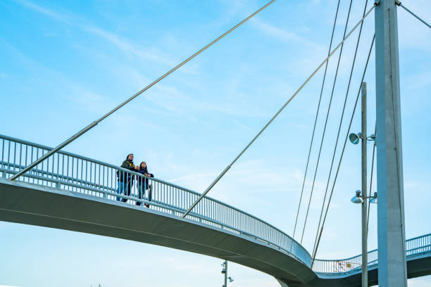Two skaters with their longboards walking on an elevated walkway