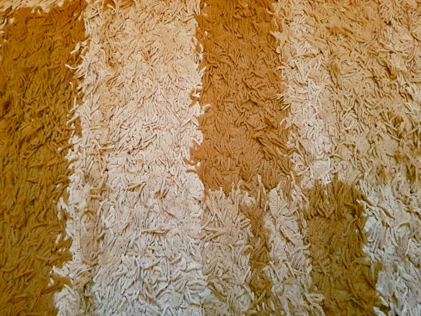 istock Shaggy surface of beige striped carpet 1169745012