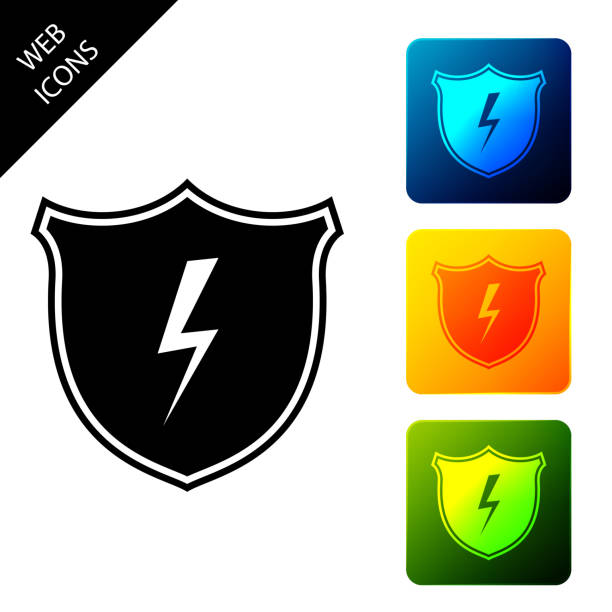 ilustrações de stock, clip art, desenhos animados e ícones de secure shield with lightning icon isolated. security, safety, protection, privacy concept. set icons colorful square buttons. vector illustration - honor guard flash