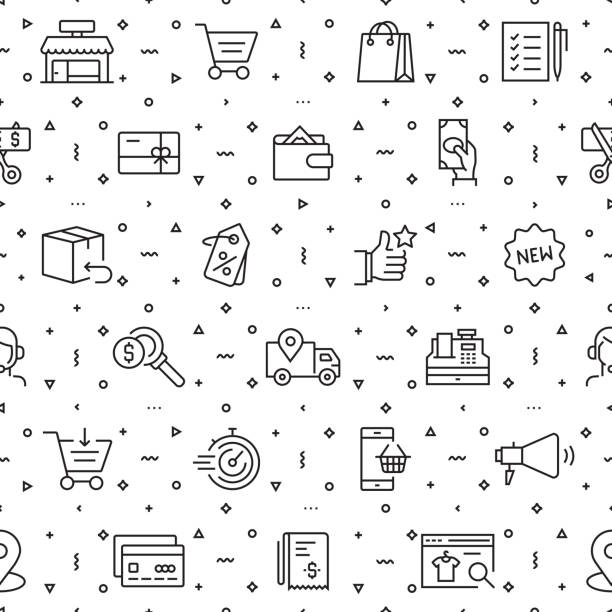 ilustrações de stock, clip art, desenhos animados e ícones de vector set of design templates and elements for shopping in trendy linear style - seamless patterns with linear icons related to shopping - vector - print shop