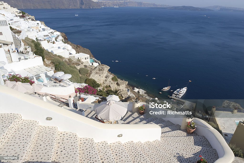 Stairway to Mediterranean Staircase going down to a hotel in Santorini, Greece. Architecture Stock Photo