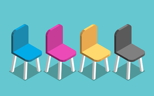 Isometric multicolor CMYK colored chairs on turquoise blue. Creativity, interior, design, waiting, meeting, print and job concept. Flat design. EPS 8 vector illustration, no transparency, no gradients
