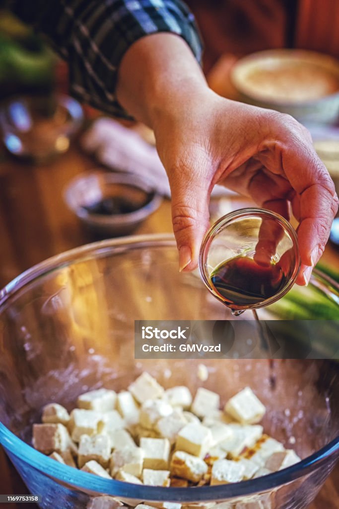 Preparing Tofu With Soy Sauce Stock Photo - Download Image Now - Asian