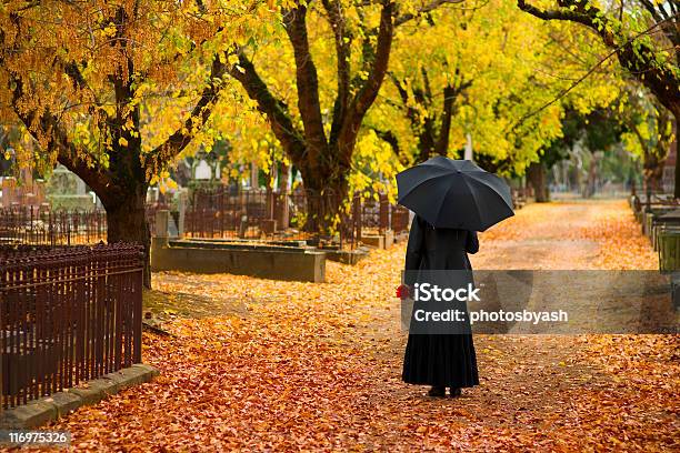 Mourning Woman Wearing Black In Cemetery In Fall Stock Photo - Download Image Now - Widow, Women, One Woman Only