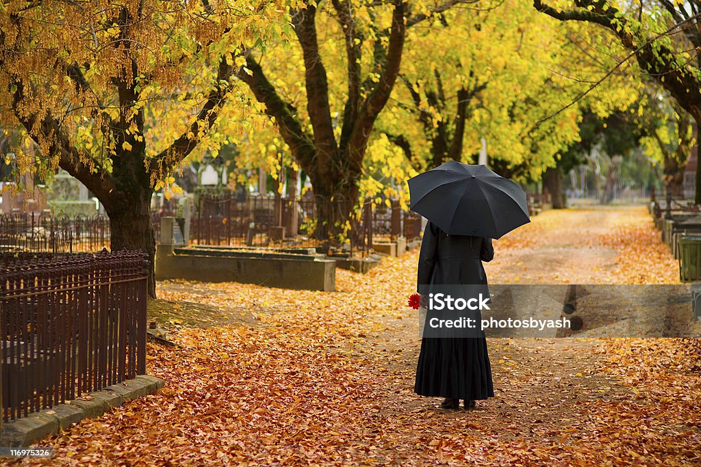 Luto mulher vestindo preto no cemitério em queda - Royalty-free Viúva Foto de stock