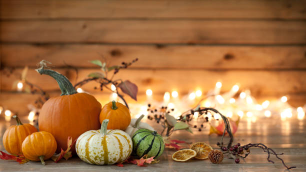 Autumn pumpkin arrangement on a wood background Autumn pumpkins, gourds and holiday decor arranged against an old wood background with glowing Christmas lights. Very shallow depth of field for effect. autum light stock pictures, royalty-free photos & images