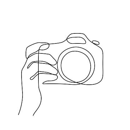 Taking pictures with photo camera. Continuous line art drawing. Minimalistic black line sketch on white background. Vector illustration