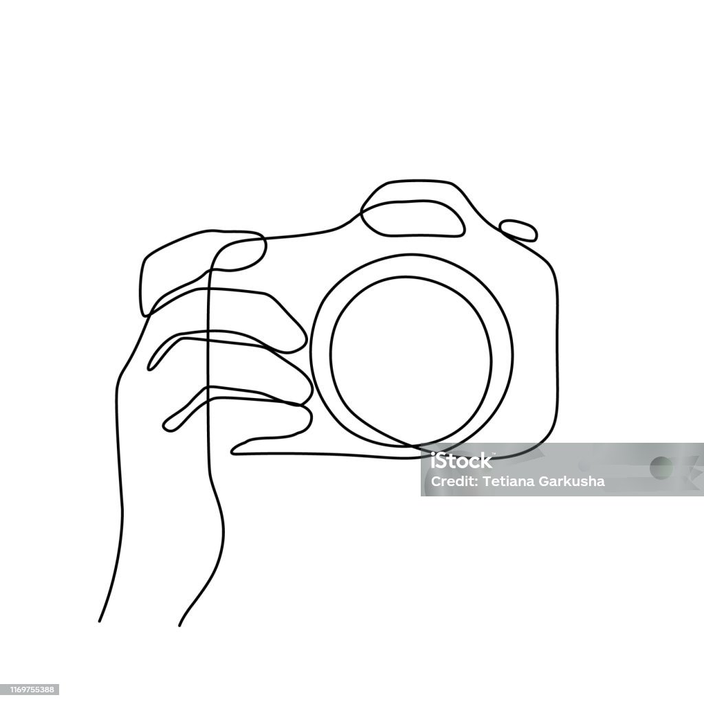 Photographing Taking pictures with photo camera. Continuous line art drawing. Minimalistic black line sketch on white background. Vector illustration Camera - Photographic Equipment stock vector