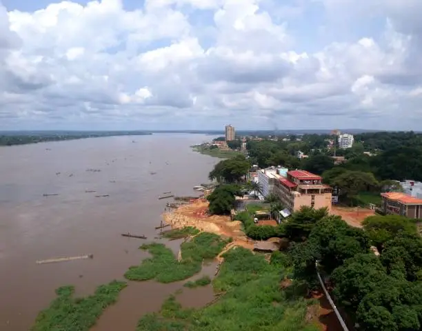 Central African Republic: Bangui cityscape and the Oubangui river - the river forms the border with the Democratic Republic of the Congo - seen from above - city was founded by the French in 1889 and named after the river rapids nearby.