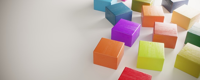 Abstract multicolored unique block shapes, symbolizing variation, decentralization concepts. ( 3d render )