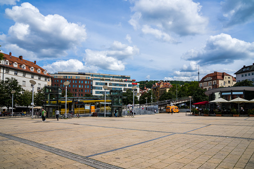 Stuttgart, Germany, August 16, 2019, Famous marienplatz square with rack railway called zacke at station driving up the mountain to tv tower in degerloch, a tourist attraction