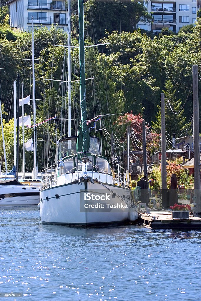 Union Lake Yachts and luxury waterhouses at Seattle's Lake Union Apartment Stock Photo