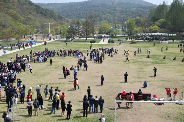 Pyongyang, North Korea - May 1, 2019: Local people and tourists from different countries celebrate May 1st Labor Day in the Taesongsan Funfair. View from above