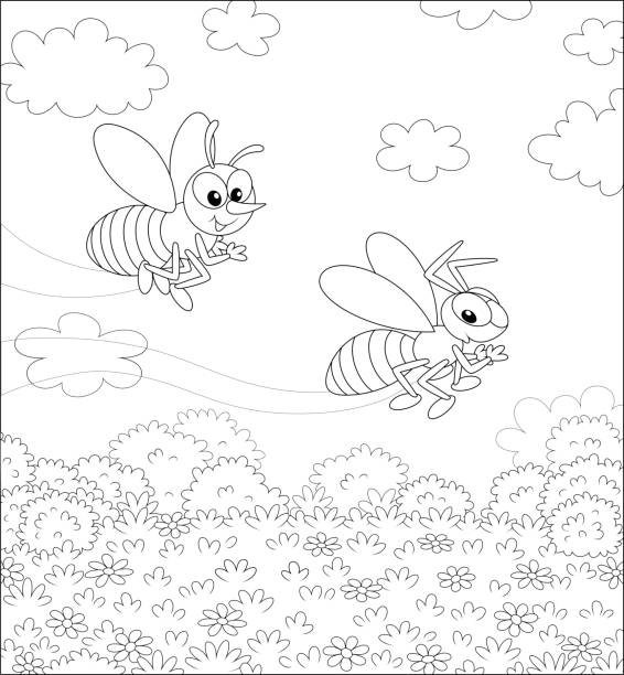 pżątwa i osa latające nad polem - bee flower meadow flying stock illustrations