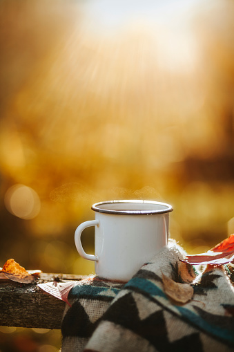 Coffee pot and mugs with a hot drink in the fall