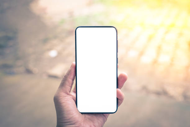 istock Hand hold smartphone with white screen outdoors with spring blurred background detail art 1169771412