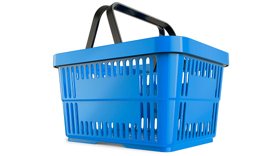 Plastic blue shopping basket. 3D model. 3D render, isolated on white background.