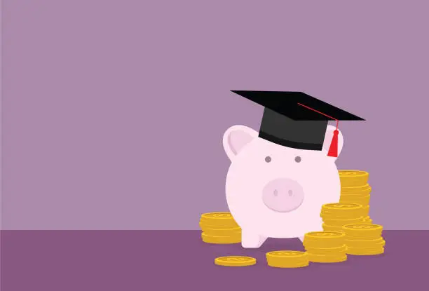 Vector illustration of Piggy bank with a graduation cap and stack of coin