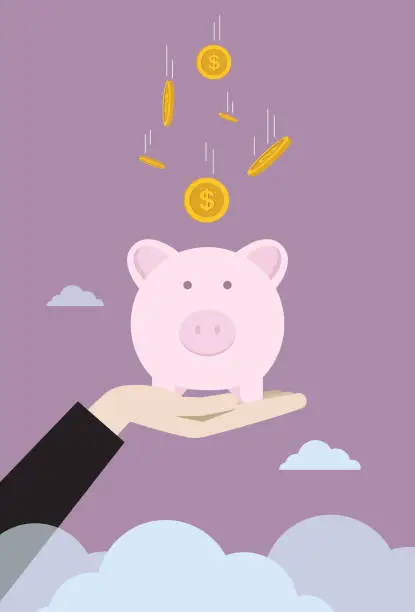 Vector illustration of Businessman raise piggy bank with falling coin