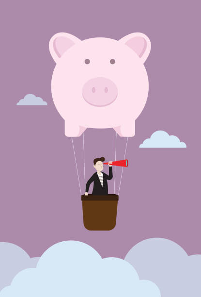 Businessman with a telescope in piggy bank balloon Making Money, Hot Air Balloon, Adventure, Exploration, The Way Forward piggy bank illustrations stock illustrations