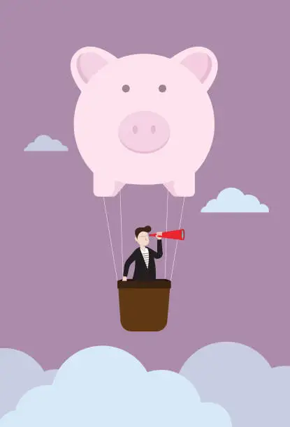 Vector illustration of Businessman with a telescope in piggy bank balloon