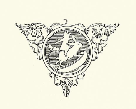 Vintage engraving of Fox riding the rabbit, folk tale, motiff, Victorian 19th Century