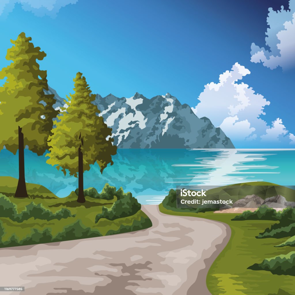 Beautiful Nature Landscape Drawing Scenery Stock Illustration ...