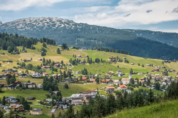 village of Hirschegg in the Kleinwalsertal,Vorarlberg, Austria, with Gottesackerplateau in the background