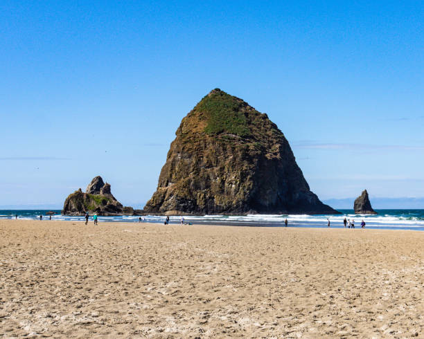 Sunrise at Haystack Rock in Cannon Beach, Oregon as the surf washes up onto the beach. United States.