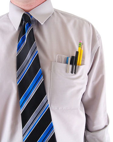 a man in a tie with a pocket pen protector isolated on white.