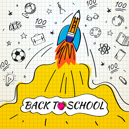 Back to school poster with rocket and doodles on checkered paper background. Vector illustration for banners invitation banner and website