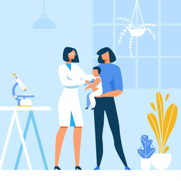 Pediatrician Making Flu Vaccine Injection to Baby Doctor Pediatrician Making Flu Vaccine Injection to Baby. Cartoon Mother and Infant at Hospital. Kids Treatment, Vaccination or Immunization Schedule. Vector Immunity Health Flat Illustration injecting flu virus vaccination child stock illustrations