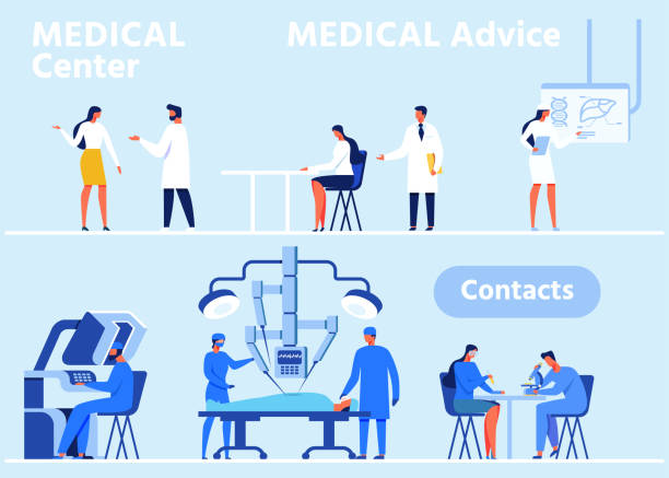 ilustrações de stock, clip art, desenhos animados e ícones de flat header banner set for modern medical center - robotic surgery