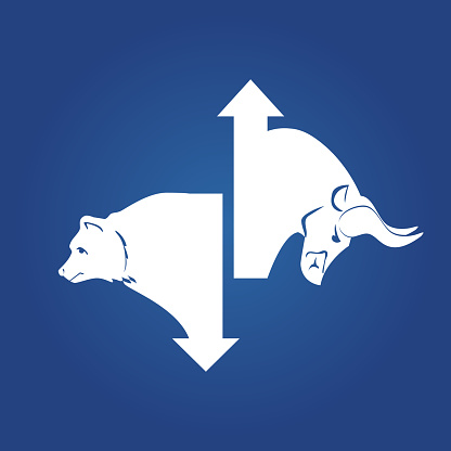 Bullish And Bearish Markets. Silhouette of a bull and a bear in front of trending arrows in between of them.