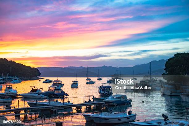 Sunset Sky Over The Boats In The Bay Of Cavtat Croatia Stock Photo - Download Image Now
