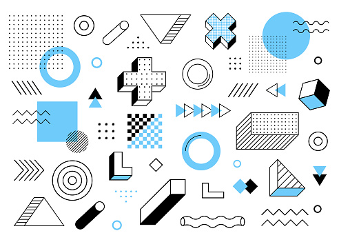 Geometric background. Universal trend halftone geometric shapes set juxtaposed with blue elements composition. Modern vector illustration.