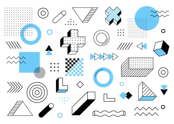 Vector illustration of Geometric background. Universal trend halftone geometric shapes set juxtaposed with blue elements composition. Modern vector illustration