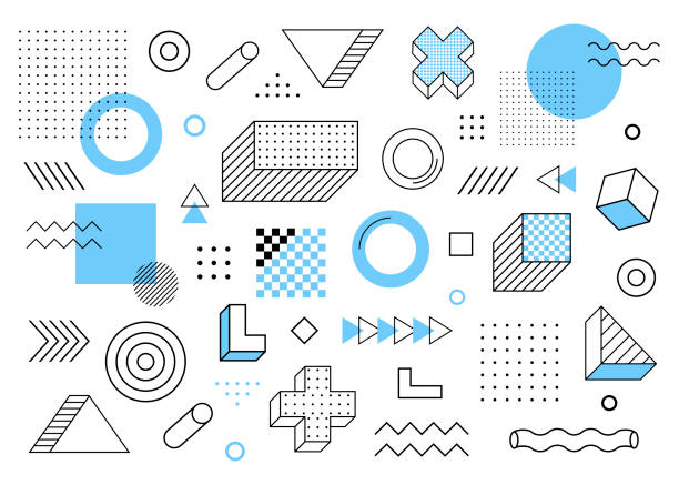 Geometric background. Universal trend halftone geometric shapes set juxtaposed with blue elements composition. Modern vector illustration Geometric background. Universal trend halftone geometric shapes set juxtaposed with blue elements composition. Modern vector illustration. digital enhancement stock illustrations