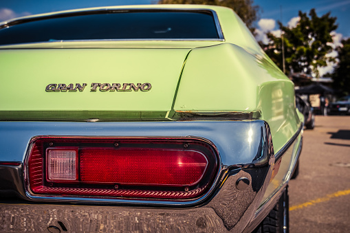 Ulm, Germany - August 4, 2019: Detail of a 1972 Ford Gran Torino oldtimer car at the US Car Meeting event in Ulm, Germany.