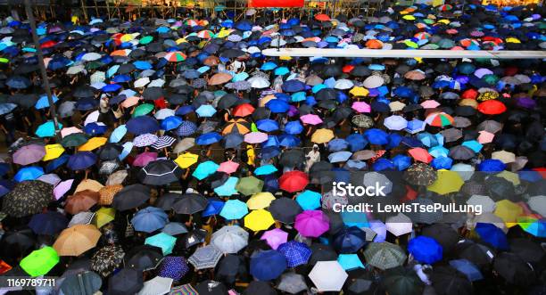 Colorful Umbrella Open In The Crowded Street Stock Photo - Download Image Now - Umbrella, Protest, Hong Kong